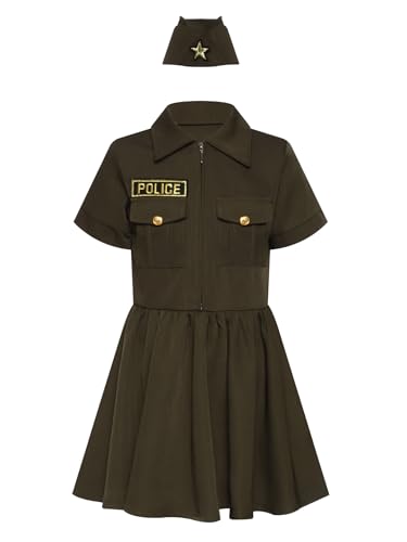 Mufeng Kinder Polizei Kostüm Mädchen Polizistin Kleid mit Hut Polizei Uniform Polizistin Kostüm Für Halloween Karneval Fasching C Armeegrün 152-164 von Mufeng