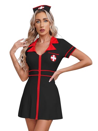 Mufeng Krankenschwesterkostüm Für Damen Krankenschwesterkleid Und Hut Arztkostüm Arztkleid Mit Reißverschluss Abgestimmtes Set Für Kostümpartys Rollenspiel Schwarz S von Mufeng