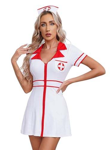 Mufeng Krankenschwesterkostüm Für Damen Krankenschwesterkleid Und Hut Arztkostüm Arztkleid Mit Reißverschluss Abgestimmtes Set Für Kostümpartys Rollenspiel Weiß XXL von Mufeng
