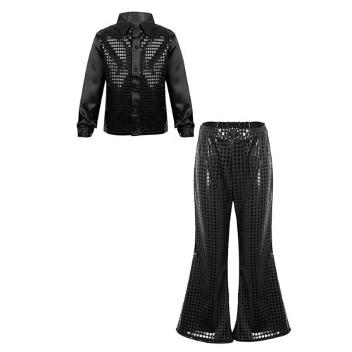 Mufeng Kunstturnanzug Für Kinder Und Jugendliche Mit Pailletten Langarmshirt Und Elefantenbeinhose Strass Latein Tangotanzkleid Schwarz 158-164 von Mufeng