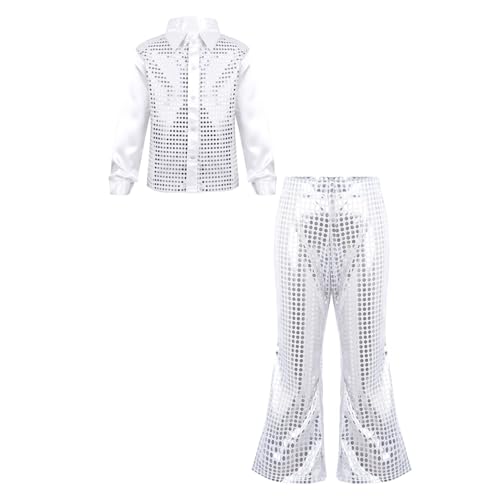 Mufeng Kunstturnanzug Für Kinder Und Jugendliche Mit Pailletten Langarmshirt Und Elefantenbeinhose Strass Latein Tangotanzkleid Silber 122-128 von Mufeng