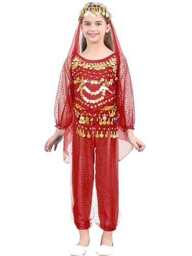 Mufeng Mädchen Bauchtanz Kostüm Set Tanzshirt mit Mützen + Haremshose + Schal + Kopftuch Cosplay Party Verkleidung B Rot 158-164 von Mufeng