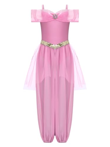 Mufeng Mädchen Bauchtanz Tanzkleid Glitzer Pailletten Overall Jumpsuit Arabische Prinzessin Outfits Halloween Karneval Indische Tanzkleidung Rosa 158-164 von Mufeng