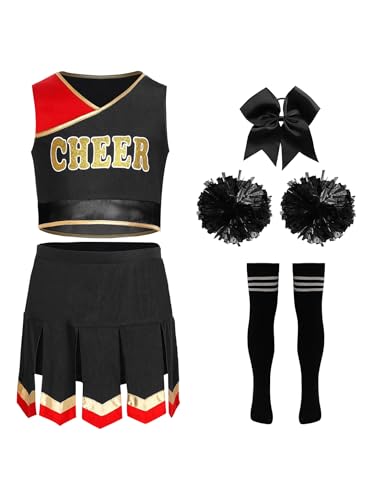 Mufeng Mädchen Cheer Leader Kostüm Cheerleading Uniform 5tlg.Crop Tops + Rock Socken Haarband Pompoms Halloween Karneval Fasching A Schwarz 158-164 Mufeng Mädchen Cheer Leader Kostüm Cheerleading Uniform 5tlg.Crop Tops + Rock Socken Haarband Pompoms Halloween Karneval Fasching A Schwarz 158-164 von Mufeng