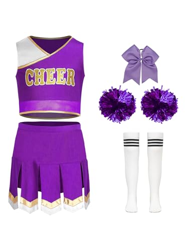 Mufeng Mädchen Cheer Leader Kostüm Cheerleading Uniform 5tlg.Crop Tops + Rock Socken Haarband Pompoms Halloween Karneval Fasching Lila 158-164 Mufeng Mädchen Cheer Leader Kostüm Cheerleading Uniform 5tlg.Crop Tops + Rock Socken Haarband Pompoms Halloween Karneval Fasching Lila 158-164 von Mufeng