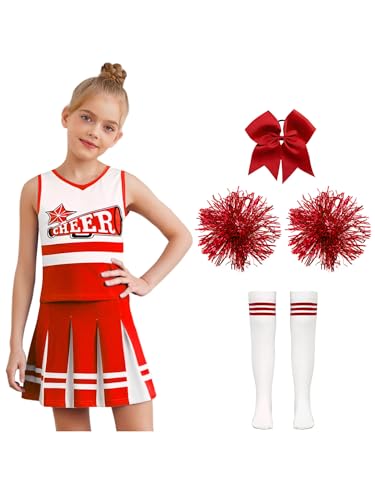 Mufeng Mädchen Cheer Leader Kostüm Cheerleading Uniform Ärmellos Cheer Kleid mit Pompoms Socken Haarband Halloween Karneval Fasching Party Outfits Rot Weiß 110-116 von Mufeng