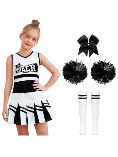 Mufeng Mädchen Cheer Leader Kostüm Cheerleading Uniform Ärmellos Cheer Kleid mit Pompoms Socken Haarband Halloween Karneval Fasching Party Outfits Schwarz Weiß 134-140 Mufeng Mädchen Cheer Leader Kostüm Cheerleading Uniform Ärmellos Cheer Kleid mit Pompoms Socken Haarband Halloween Karneval Fasching Party Outfits Schwarz Weiß 134-140 von Mufeng