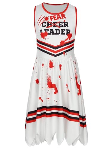 Mufeng Mädchen Cheer Leader Kostüm Zombie Gruseliger Kleid Cheerleading Uniform Halloween Karneval Fasching Kostüm Weiß 116-122 von Mufeng