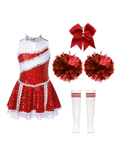 Mufeng Mädchen Cheer Leadering Kostüm Cheer Leader Kleid mit Pailletten + Socken + Pompoms + Kopfbedeckung Halloween Cosplay Kostüm A Ein Rot 134-140 von Mufeng