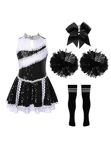 Mufeng Mädchen Cheer Leadering Kostüm Cheer Leader Kleid mit Pailletten + Socken + Pompoms + Kopfbedeckung Halloween Cosplay Kostüm A Ein Schwarz-Weiß 134-140 von Mufeng
