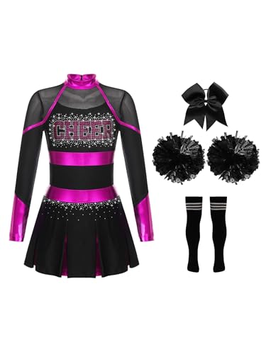 Mufeng Mädchen Cheer Leadering Kostüm Langarm Cheer Leader Kleid mit Strass + Socken + Pompoms + Kopfbedeckung Party Cosplay Kostüm Hot Pink & Schwarz 134-140 von Mufeng