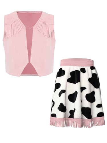 Mufeng Mädchen Cowgirl Kleid Wildleder Weste + Rock Cowgirl Cowboy Outfit Hippie Tanzkostüm Cosplay Geburtstag Festlich Partykleid Rosa 146-152 von Mufeng