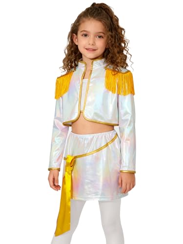 Mufeng Mädchen Sänger Kostüm Anime Dämon Outfits Metallic Langarm Bolero Jacke + BH Tops + Rock Sängerin Hip Hop Jazz Tanzkostüm Weiß 110-116 von Mufeng