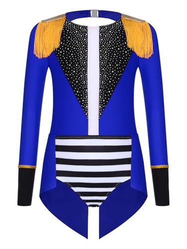 Mufeng Mädchen Zirkus Kostüm Glitzer Zirkusdirektor Uniform Ringmaster Circus Outfits Glitzer Body Overall Halloween Weihnachten Karneval Königsblau 122-128 von Mufeng