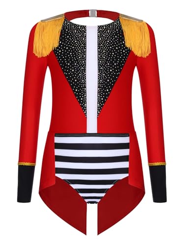 Mufeng Mädchen Zirkus Kostüm Glitzer Zirkusdirektor Uniform Ringmaster Circus Outfits Glitzer Body Overall Halloween Weihnachten Karneval Rot 122-128 von Mufeng