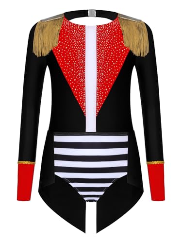 Mufeng Mädchen Zirkus Kostüm Glitzer Zirkusdirektor Uniform Ringmaster Circus Outfits Glitzer Body Overall Halloween Weihnachten Karneval Schwarz 134-140 von Mufeng