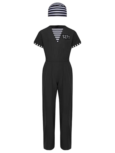 Mufeng Sträflingsoutfit Jungs Mädchen Kurzärmeliger Overall Mit Gestreifter Mütze Gefängniskostüm Häftling Sträfling Krimineller Maskenkostüme Schwarz 158-164 von Mufeng
