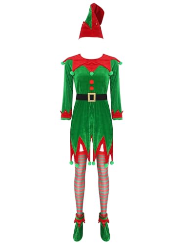 Mufeng Stücke Weihnachtsmann Kostüm Damen Elfen Kostüm Elfen Ohren Gürtel Hut Gestreifte Kniestrümpfe Schuhe Party Santa Grün M von Mufeng