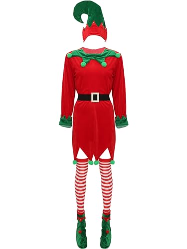 Mufeng Stücke Weihnachtsmann Kostüm Damen Elfen Kostüm Elfen Ohren Gürtel Hut Gestreifte Kniestrümpfe Schuhe Party Santa Rot L von Mufeng