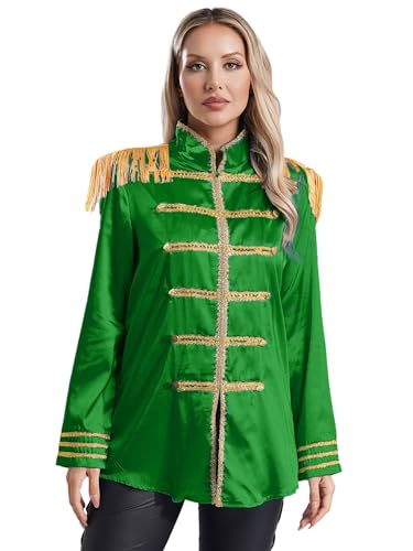 Mufeng Zirkus Domina Kostüm Damen Frack Kostüm Satin Jacke Mit Langen Ärmeln Quaste Blazer Showman Ringmaster Karneval Halloween Kostüme Grün XXL von Mufeng