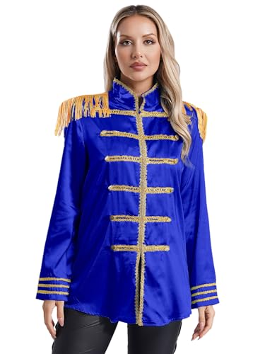 Mufeng Zirkus Domina Kostüm Damen Frack Kostüm Satin Jacke Mit Langen Ärmeln Quaste Blazer Showman Ringmaster Karneval Halloween Kostüme Königsblau M von Mufeng