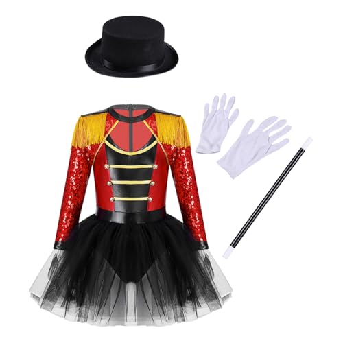 Mufeng Zirkus Dompteur Kostüm Mädchen Teile Ballet Tutu Kleid Mit Hut Zauberstab Handschuhe Showman Kostüm Karneval Halloween Verkleidung Fancy Rot 110-116 von Mufeng