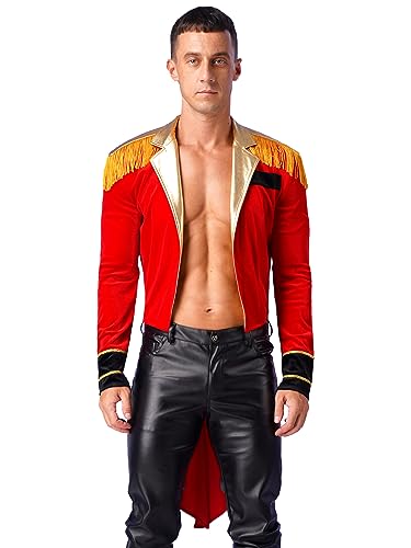 Mufeng Zirkusdirektor Kostüm Für Herren Karneval Halloween Mottopartys Lange Jacke Mit Hut Kragen Und Handschuhen Langer Trenchcoat Cosplay Smoking Rot XXL von Mufeng