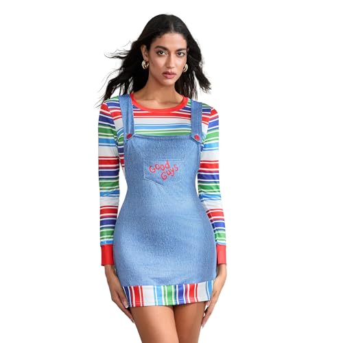 Deluxe Chucky-Kleid-Kostüm für Damen, Halloween, gruseliges Killerpuppen-Kostüm für Frauen, gestreiftes Langarm-Oberteil mit Rundhalsausschnitt und Hosenträger-Kleid-Set (Multi-Color, S) von Mugoebu