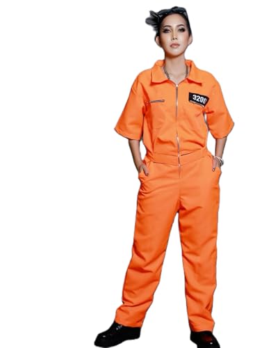 Mugoebu Damen Halloween Gefangene Kostüm Zip-up Nummer Revers Hals Kurzarm Gefängnis Overall Gefangene Cosplay Outfits (Orange, S) von Mugoebu