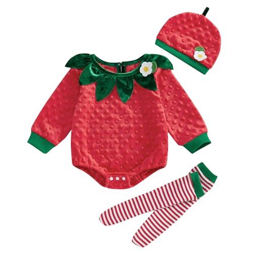 Mugoebu Erdbeerkostüm für Babys – Halloween-Erdbeer-Strampler für Mädchen, langärmlig, Rundhalsausschnitt, flauschiger Overall, Mütze, gestreifte Socken, Herbst-Outfits (Red, 6 Months) von Mugoebu