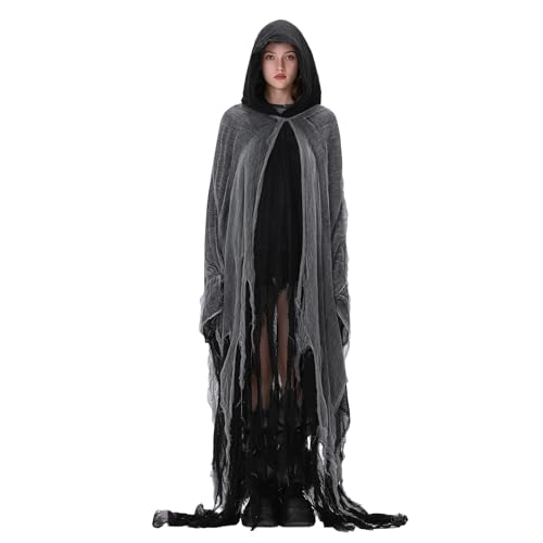 Mugoebu Halloween Mittelalterlicher Kapuzenumhang Retro zerfetzter Umhang Horrorumhang für Sensenmann Cosplay Kostüm (Black, One Size) von Mugoebu