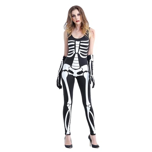 Mugoebu Totenkopf-Skelett-Halloween-Kostüm für Damen, ärmellos, 3D-gedruckter Jumpsuit, Bodysuit, einteiliger Strampler, Outfit, Horror-Skelett-Kostüm mit Armmanschette (Black, L) von Mugoebu