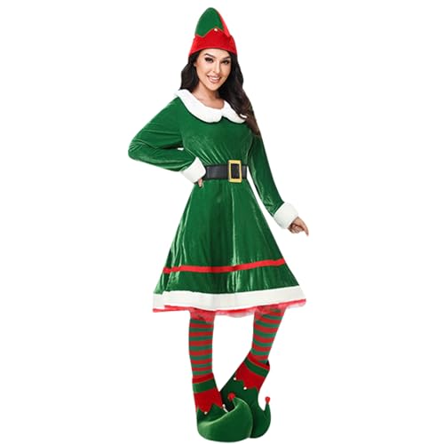 Mugoebu Weihnachtselfen-Kostüm-Set für Damen, Kinder und Erwachsene, Elfenkostüm, Anzug, Samtkleid, Weihnachtshelfer-Kostüm, Weihnachtsoutfit mit Gürtel (2 pc Green, M) von Mugoebu