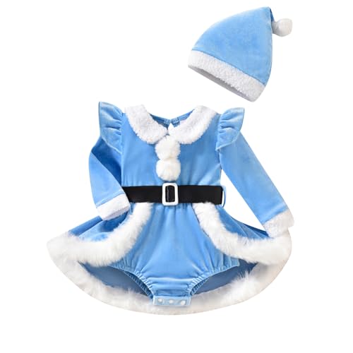 Mugoebu Weihnachtsoutfit für Neugeborene, Mädchen, Samt, langärmelig, Pelzbesatz, Rüschen, Stramplerkleid mit Weihnachtsmannmütze, Gürtelset (Blue, 0-3 Months) von Mugoebu