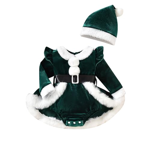 Mugoebu Weihnachtsoutfit für Neugeborene, Mädchen, Samt, langärmelig, Pelzbesatz, Rüschen, Stramplerkleid mit Weihnachtsmannmütze, Gürtelset (Green, 3-6 Months) von Mugoebu