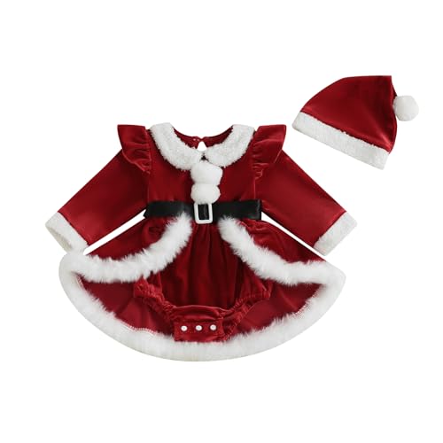 Mugoebu Weihnachtsoutfit für Neugeborene, Mädchen, Samt, langärmelig, Pelzbesatz, Rüschen, Stramplerkleid mit Weihnachtsmannmütze, Gürtelset (Red, 0-3 Months) von Mugoebu