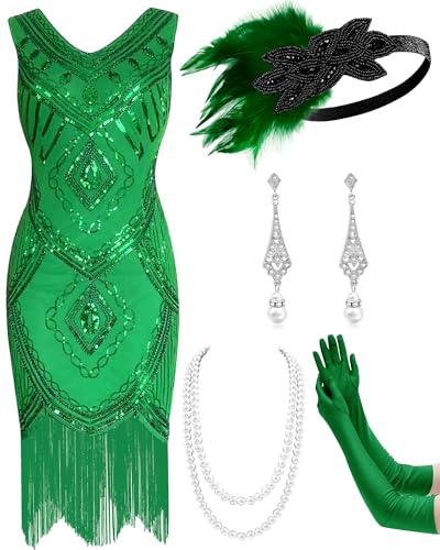 Mukum 1920 Ärmelloses Flapper-Kleid mit V-Ausschnitt für Damen mit 20er Jahre Accessoires Set 1920er Jahre Outfits für Frauen Grün Small Mukum 1920 Ärmelloses Flapper-Kleid mit V-Ausschnitt für Damen mit 20er Jahre Accessoires Set 1920er Jahre Outfits für Frauen Grün Small von Mukum
