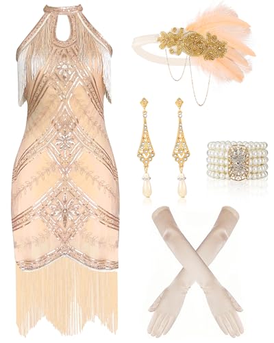 Mukum 1920 Halfter Flapper Kleid für Damen mit 20er Jahre Accessoires Set 1920er Jahre Outfits für Frauen Champagner Medium von Mukum