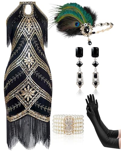 Mukum 1920 Halfter Flapper Kleid für Damen mit 20er Jahre Zubehör Set 1920er Jahre Outfits für Frauen Schwarz und Gold Medium von Mukum