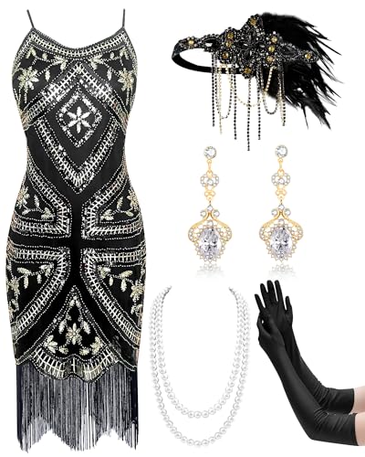 Mukum 1920 Sling Flapper Kleid für Damen mit 20er Jahre Zubehör Set 1920er Jahre Outfits für Frauen Schwarz und Gold Medium von Mukum