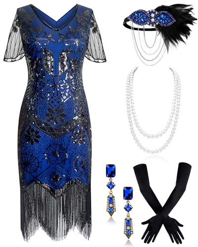 Mukum 1920 V-Ausschnitt Flapper Kleid für Damen mit 20er Jahre Zubehör Set 1920er Jahre Outfits für Frauen Blau-Schwarz XX-Large von Mukum