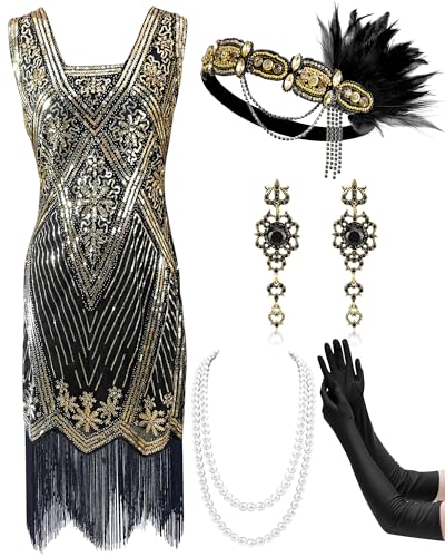 Mukum 1920 V-Ausschnitt Flapper Kleid für Damen mit 20er Jahre Zubehör Set 1920er Jahre Outfits für Frauen Schwarz und Gold Small von Mukum