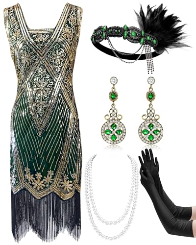 Mukum 1920 V-Ausschnitt Flapper Kleid für Damen mit 20er Jahre Zubehör Set 1921er Jahre Outfits für Frauen Grün Gold Groß, Greenizh-Gold, L Mukum 1920 V-Ausschnitt Flapper Kleid für Damen mit 20er Jahre Zubehör Set 1921er Jahre Outfits für Frauen Grün Gold Groß, Greenizh-Gold, L von Mukum