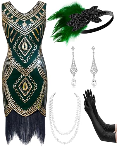 Mukum Damen Flapper Kleid 1920er Vintage Fransen Pailletten Kleid Great Gatsby 1920er Jahre Kleider Set für Frauen Weihnachten Party, Grün-Gold, L von Mukum