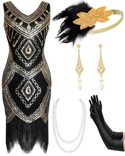 Mukum Damen Flapper Kleid 1920er Vintage Fransen Pailletten Kleid Great Gatsby 1920er Jahre Kleider Set für Frauen Weihnachten Party, Schwarz Gold, 3XL von Mukum