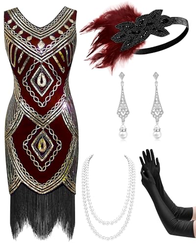 Mukum Damen Flapper Kleid 1920er Vintage Fransen Pailletten Kleid Great Gatsby 1920er Jahre Kleider Set für Frauen Weihnachten Party, rot / goldfarben, M von Mukum