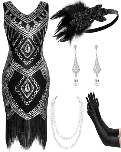 Mukum Damen Flapper Kleid 1920er Vintage Fransen Pailletten Kleid Great Gatsby 1920er Jahre Kleider Set für Frauen Weihnachten Party, schwarz/silberfarben, X-Small von Mukum