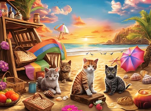 Extra große Puzzle 100 Teile für Erwachsene – Großteiliges Puzzle für Kinder und Senioren – 50 x 40 cm Katzen Sonnenuntergang am Meer von Mulic
