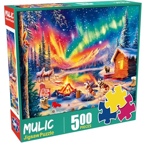 Puzzle 500 Teile – Puzzle für Erwachsene und Kinder – Lagerfeuer unter den Nordlichtern von Mulic