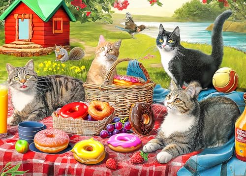 Puzzle 500 Teile – Puzzle für Erwachsene und Kinder ab 14 Jahren - Kätzchen und Donuts beim Picknick von Mulic